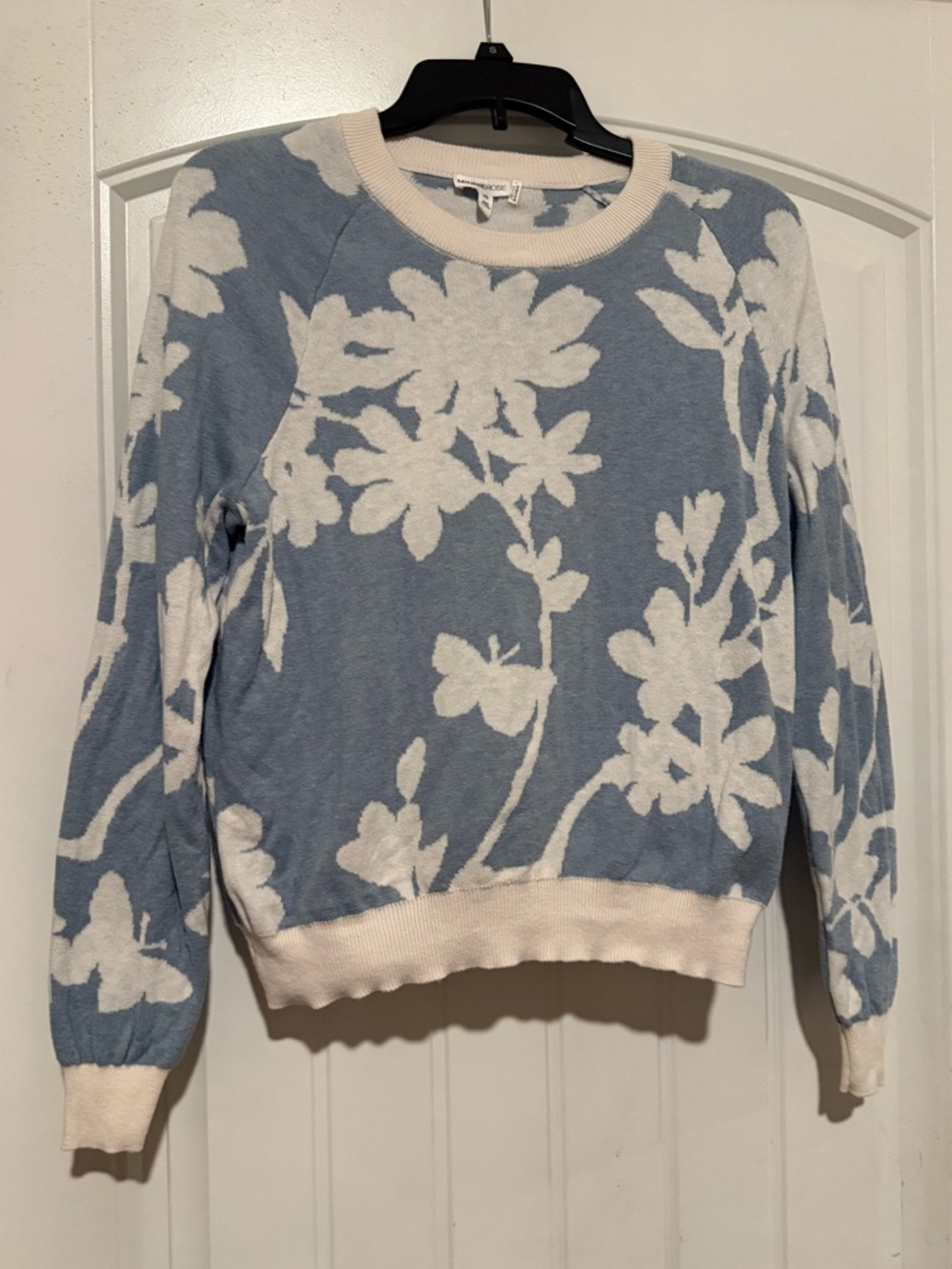 Minnie Rose Blue White Floral Cotton Cashmere Crewneck Sweater - Womens XS